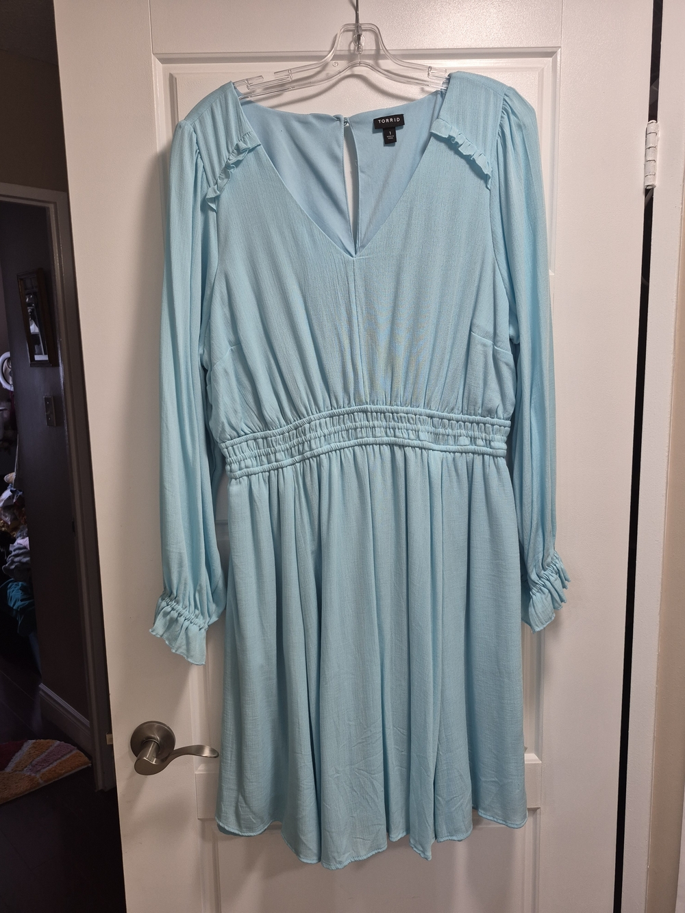 Torrid Light Blue Long Sleeve V-Neck Smocked-Waist Dress